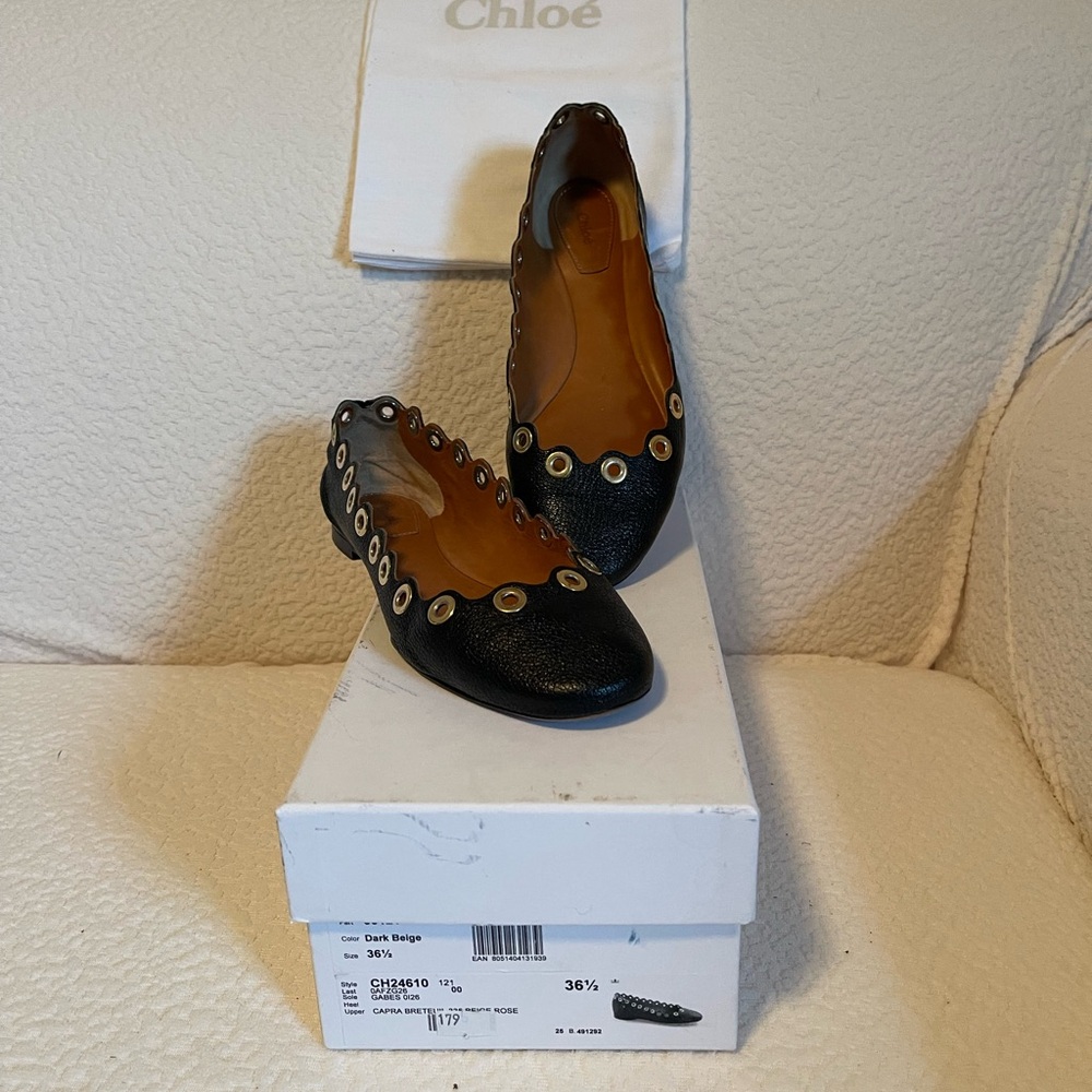 Chloé Black Leather Flats with Gold Accents